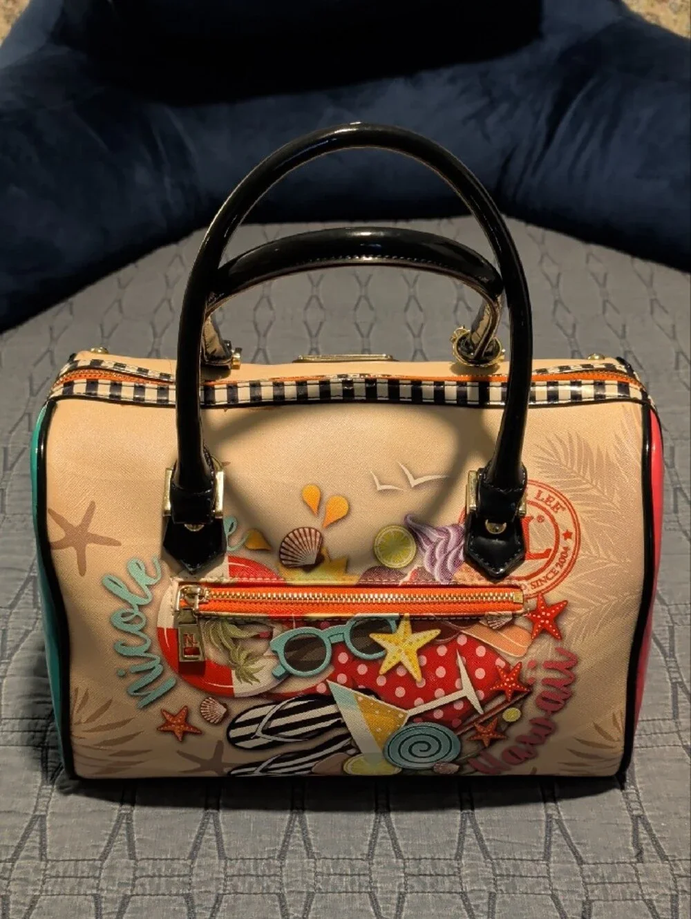 Nicole Lee Beige Embroidered Beach Satchel with Black Handles